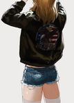  adapted_costume american_flag arms_up ass bad_id bad_twitter_id blonde_hair bomber_jacket brown_jacket bulldojang clothes_writing cutoffs denim denim_shorts from_behind girls_und_panzer gradient gradient_background jacket kay_(girls_und_panzer) long_hair long_sleeves military military_uniform open_clothes open_jacket pocket saunders_military_uniform shiny shiny_skin short_shorts shorts simple_background solo standing thighhighs uniform white_legwear 