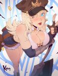  1girl ;p artist_name axe bikini bikini_top_only blonde_hair breasts cleavage elbow_gloves fingerless_gloves fur-trimmed_shorts fur_trim gloves hat highres koyorin large_breasts long_hair looking_at_viewer one_eye_closed ragnarok_online shorts solo swimsuit tongue tongue_out whitesmith_(ragnarok_online) 