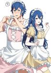  1boy 1girl alternate_costume ameno_(a_meno0) apron blue_eyes blue_hair breasts chrom_(fire_emblem) confused father_and_daughter fire_emblem fire_emblem_awakening hair_between_eyes hand_gesture heart heart_hands long_hair looking_at_viewer lucina_(fire_emblem) maid maid_headdress open_mouth short_hair small_breasts smile sweatdrop symbol-shaped_pupils thighhighs very_long_hair white_background 