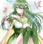  1girl absurdres bare_shoulders boots breasts bug butterfly butterfly_on_hand closed_mouth dress elbow_gloves fire_emblem fire_emblem:_mystery_of_the_emblem fire_emblem_heroes gloves green_dress green_eyes green_footwear green_hair hair_between_eyes headband highres long_hair official_alternate_costume palla_(fire_emblem) palla_(resplendent)_(fire_emblem) shinae smile thigh_boots white_gloves 