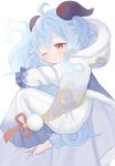  1girl 750x077 ;o absurdres blue_hair cloak commentary_request ganyu_(genshin_impact) genshin_impact highres holding_own_tail horns long_sleeves one_eye_closed parted_lips pom_pom_(clothes) red_eyes simple_background solo tail white_background white_cloak 