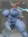 anthro areola bandai_namco big_breasts big_nipples breasts digimon digimon_(species) dreamingnixy female genitals hammer hi_res mammal muscular muscular_female nipples nude pussy solo tools zudomon