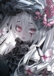  1girl bare_shoulders blood blood_from_eyes bonnet bug butterfly commission dress expressionless flower gloves gothic_lolita hair_between_eyes lolita_fashion long_hair looking_at_viewer monochrome original parted_lips pink_eyes rose skeb_commission solo spot_color upper_body wolrero 