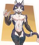 abs anthro bulge clothed clothing collar domestic_cat ear_piercing emoster felid feline felis girly hi_res male mammal muscular muscular_male pecs piercing solo thick_thighs topless