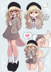 &lt;3 2024 anthro blonde_hair blush bottomwear breasts canid canine canis cardigan clothed clothing cute_fangs digital_media_(artwork) domestic_dog english_text eyewear fangs female female_anthro footwear full-length_portrait fur glasses hair hands_behind_back happy hat headgear headwear kemono long_hair looking_at_viewer mammal multiple_images open_mouth open_smile panties portrait shirt shoes skirt small_breasts smile socks solo tail tail_motion tail_under_skirt tailwag tan_body tan_fur teeth text tongue topwear underwear unousaya upskirt wearing_glasses white_clothing white_panties white_underwear yellow_eyes