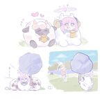  +++ 1girl 1other animal_costume blue_archive eating ekoru fleeing food_request grass halo highres holding holding_weapon lamball mika_(blue_archive) multiple_views palworld pink_hair pink_halo running sheep sheep_costume sitting smile translation_request tree_stump weapon 