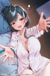  1girl :d black_hair blue_eyes breasts cleavage collared_shirt dress_shirt highres indoors long_hair long_sleeves looking_at_viewer lying medium_breasts naked_shirt novel_illustration official_art on_side original outstretched_arms pillow shirt smile solo tomozero white_shirt 