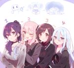  1other 25-ji_nightcord_de._(project_sekai) 3girls ;d absurdres akiyama_mizuki asahina_mafuyu avatar_(project_sekai) black_jacket black_neckerchief blush breasts brown_eyes brown_hair closed_mouth collared_shirt grey_eyes grey_hair grey_shirt hair_between_eyes hair_over_shoulder highres hood hood_down hooded_jacket jacket long_hair medium_breasts multiple_girls neckerchief one_eye_closed pink_hair ponytail project_sekai purple_background purple_eyes purple_hair red_eyes shinonome_ena shirt side_ponytail smile sorimachi-doufu sparkle trembling turn_pale two-tone_background very_long_hair white_background yoisaki_kanade 