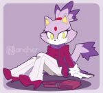  1girl animal_ears bag blaze_the_cat cat_ears cat_girl cat_tail coat forehead_jewel fur-trimmed_gloves fur_trim furry furry_female gloves high_heels looking_at_viewer nancher pants ponytail purple_fur purple_scarf scarf shoulder_bag sonic_(series) tail white_gloves white_pants yellow_eyes 