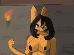 anthro big_breasts black_hair breasts canid canine female fenavi_montaro fennec fox fur hair hi_res mammal nyo_la_nixan solo wall_(structure) yellow_body yellow_fur