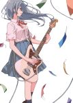  breasts cable collared_shirt electric_guitar grey_eyes grey_hair guitar happy highres instrument long_hair matsuda_hikari medium_breasts neck_ribbon original playing_guitar pleated_skirt price_tag ribbon school_uniform shirt short_sleeves simple_background skirt white_background wind 