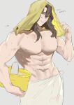  1boy abs bara brown_eyes brown_hair closed_mouth granblue_fantasy grey_background highres holding large_pectorals long_hair male_focus momimomi muscular muscular_male navel nipples pectorals siegfried_(granblue_fantasy) simple_background solo towel towel_around_waist towel_on_head translation_request yellow_towel 