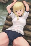  1girl absurdres blonde_hair blue_buruma blue_eyes breasts buruma coffee-kizoku gym_uniform highres looking_at_viewer medium_breasts mele_retanagua open_mouth original shirt short_hair solo source_request white_shirt 