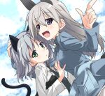  2girls :d animal_ears black_necktie black_tail blue_jacket breasts eila_ilmatar_juutilainen green_eyes grey_hair hand_on_another&#039;s_head highres jacket light_blush long_sleeves looking_at_viewer medium_breasts military_uniform multiple_girls necktie parted_lips pointing pouch sanya_v._litvyak short_hair sky smile strike_witches take_shinobu uniform upper_body world_witches_series 