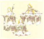  3girls bow_(music) chinese_clothes dress earrings erhu guzheng hair_slicked_back hand_up hanfu hanrin_(juuni_kokuki) highres holding holding_bow_(music) instrument itoyoshi_(koiyuri) jewelry juuni_kokuki long_hair long_sleeves looking_to_the_side multiple_girls music on_ground outstretched_arms parted_bangs partially_colored pipa_(instrument) playing_instrument purple_eyes renrin_(juuni_kokuki) robe sairin_(juuni_kokuki) sash shawl sideways_glance sitting smile stool very_long_hair 