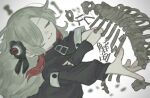  1girl artistic_error asymmetrical_sleeves black_coat black_flower black_gloves blurry blurry_background bone coat commentary faoru_ofuton fingerless_gloves flower gloves grey_hair hair_flower hair_ornament hair_over_one_eye hand_on_own_chest head_back high_collar highres isekai_joucho kamitsubaki_studio long_hair long_sleeves multicolored_hair one_eye_covered otome_kaibou_(vocaloid) outstretched_arm red_hair ribs single_fingerless_glove single_glove skeleton smile solo song_name streaked_hair uneven_sleeves upper_body vignetting virtual_youtuber white_background zipper_pull_tab 