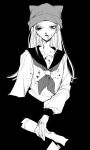  1girl absurdres animal_ear_headwear beanie bleeding blending blood blood_on_clothes bruise bruise_on_face bruised_eye commentary empty_eyes expressionless figure_four_sitting greyscale hand_on_own_leg hat heterochromia highres injury invisible_chair jimoto_saikou kitty_(jimoto_saikou) kneehighs lazy_eye long_hair long_skirt long_sleeves looking_at_viewer monochrome neckerchief nekototukimisou no_eyebrows nosebleed parted_lips school_uniform serafuku shoes sitting skirt socks solo 