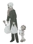  1boy 1girl bag black_jack_(character) black_jack_(series) blush bow coat commentary_request eye_contact groceries grocery_bag hair_bow hair_over_one_eye height_difference highres holding holding_bag kager_en loafers long_sleeves looking_at_another looking_down looking_to_the_side looking_up medium_hair mittens multicolored_hair multiple_hair_bows muted_color one_eye_covered open_mouth paper_bag pinoko scarf shoes shopping_bag short_hair simple_background stitched_face stitches two-tone_hair walking 