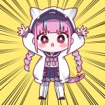  1girl animal_hood arms_up baseball_cap black_footwear blue_hair blue_headwear blue_sailor_collar blunt_bangs blush_stickers bow bowtie braid cat_girl cat_hood chibi emphasis_lines fanged_bangs frilled_sailor_collar frills grey_bow grey_bowtie hat hat_under_hood highres hololive hood hooded_jacket jacket long_hair long_sleeves looking_at_viewer minato_aqua minato_aqua_(sailor) miya_(1mymiya) multicolored_hair official_alternate_costume official_alternate_hairstyle open_clothes open_jacket open_mouth pantyhose purple_eyes purple_hair sailor_collar sailor_shirt school_uniform serafuku shirt solo streaked_hair triangle_mouth twin_braids twintails two-tone_hair virtual_youtuber white_jacket white_pantyhose white_shirt yellow_background 