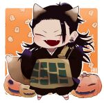  animal_ears artist_name black_hair black_kimono chibi closed_eyes ear_piercing fangs fox_boy fox_ears fox_tail getou_suguru ghost hair_bun hair_pulled_back jack-o&#039;-lantern japanese_clothes jujutsu_kaisen kimikimi_(sisterplan_12) kimono long_hair long_sleeves male_focus open_mouth piercing pumpkin robe sandals smile socks tabi tail white_socks yukata 