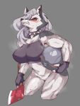 angry anthro axe big_breasts blush bodily_fluids bottomless bra breasts canid canid_demon canine canis cleavage clothed clothing collar demon duo ear_piercing featureless_crotch female fur grey_body grey_fur hellhound helluva_boss hi_res holding_another inner_ear_fluff krek_(krekk0v) krekk0v loona_(helluva_boss) male mammal multicolored_body multicolored_fur muscular muscular_anthro muscular_female nipple_outline piercing spiked_collar spikes sports_bra sweat tuft two_tone_body two_tone_fur underwear white_body white_fur wolf