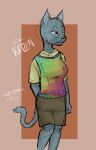 2023 anthro bottomwear clothed clothing digital_media_(artwork) domestic_cat dress_shirt english_text felid feline felis female fur german_text hi_res lost_andsafe mammal russian_blue shirt simple_background skirt smile solo sweater sweater_vest tail text topwear vest