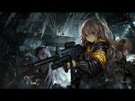  5girls armband artist_request assault_rifle beret cityscape emblem g11 g11_(girls_frontline) girls_frontline gloves gun h&amp;k_ump h&amp;k_ump45 h&amp;k_ump9 hat heckler_&amp;_koch hk416 hk416_(girls_frontline) long_hair looking_at_viewer multiple_girls official_art ouroboros_(girls_frontline) rifle ruins scar scar_across_eye smoke submachine_gun ump45_(girls_frontline) ump9_(girls_frontline) weapon yellow_eyes 