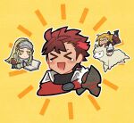  &gt;o&lt; 1girl 2boys alpaca amber_(fire_emblem) animal armor blonde_hair book chibi diamant_(fire_emblem) fire_emblem fire_emblem_engage jade_(fire_emblem) kszm_fe laughing multiple_boys open_book ponytail red_hair writing yellow_background yellow_eyes 