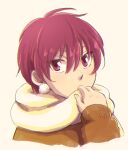  1girl alfreed_(arslan_senki) arslan_senki brown_sweater contemporary covered_mouth earrings hair_between_eyes hand_up jewelry kayori_(omochi) long_sleeves pom_pom_(clothes) pom_pom_earrings portrait red_eyes red_hair scarf short_hair simple_background solo sweater white_background white_scarf winter_clothes 