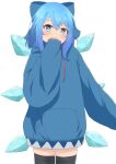  1girl adapted_costume black_thighhighs blue_bow blue_eyes blue_hair blue_hoodie blush bow bright_pupils cirno commentary_request covering_own_mouth cowboy_shot dot_nose double-parted_bangs drawstring hair_between_eyes hair_bow hand_up highres hood hoodie ice ice_wings long_sleeves looking_at_viewer medium_hair mizune_(winter) puffy_long_sleeves puffy_sleeves simple_background sleeves_past_wrists solo thighhighs touhou white_background white_pupils wings 