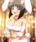  1girl :d absurdres animal_ears black_hair blue_eyes blunt_ends blurry blurry_background blush breasts choker cleavage collarbone commentary_request detached_sleeves highres indoors large_breasts looking_at_viewer open_mouth rabbit_ears rabbit_tail short_hair siesta_(zero_no_tsukaima) smile solo standing strapless tail tube_top white_choker white_tube_top zanntetu zero_no_tsukaima 