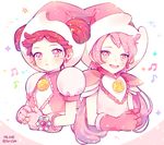  blush double_bun earrings eighth_note fami_(ojamajo_doremi) grandmother_and_granddaughter harukaze_doremi hat jewelry long_hair mi_ne multiple_girls musical_note ojamajo_doremi open_mouth pink_hair pink_hat red_hair smile time_paradox twitter_username 