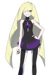  1girl asatsuki_(fgfff) bare_shoulders black_dress blonde_hair dress gradient_dress green_eyes hair_over_one_eye hand_on_own_hip highres holding holding_poke_ball long_hair looking_at_viewer lusamine_(pokemon) poke_ball poke_ball_(basic) pokemon simple_background smile solo tachi-e very_long_hair white_background 