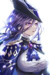  1girl 30_byou_suwa ascot blue_ascot breasts clorinde_(genshin_impact) commentary_request epaulettes genshin_impact hat highres long_hair medium_breasts parted_lips purple_eyes purple_hair shirt solo tricorne upper_body white_hair white_shirt 