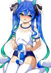  1girl ahoge animal_ears ao_(user_xcnx5328) aqua_hair black_ribbon blue_hair blush buruma commentary_request frown gym_shirt gym_uniform hair_ribbon half-closed_eyes holding holding_stuffed_toy horse_ears horse_girl korean_commentary long_hair looking_at_viewer multicolored_hair no_shoes open_mouth purple_eyes ribbon see-through shirt short_sleeves sidelocks simple_background solo stuffed_animal stuffed_rabbit stuffed_toy sweat t-shirt thighhighs trembling twin_turbo_(umamusume) twintails two-tone_hair umamusume very_long_hair wet wet_clothes wet_shirt white_background white_thighhighs 