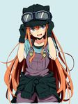  amano_tora animal_helmet black_gloves blue_background gloves goggles goggles_on_headwear hat highres kazenoko long_hair looking_at_viewer open_mouth original red_hair simple_background sketch smile solo 