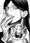  +++ 2girls bags_under_eyes bare_shoulders character_sticker chest_tattoo cigarette claire_(jimoto_saikou) commentary_request evil_smile facial_tattoo glasses greyscale hair_behind_ear half-closed_eyes hand_to_own_mouth hand_up highres holding holding_cigarette jimoto_saikou long_hair looking_at_viewer monochrome multiple_girls nara-san_(jimoto_saikou) open_mouth portrait ryuuhei shoulder_tattoo simple_background smile smoke_trail smoking solo_focus tank_top tattoo 