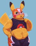 absurd_res blush bodily_fluids bulge clothing cosplay_pikachu_(costume) generation_1_pokemon hi_res kyomiqc looking_at_viewer male mammal nintendo overweight overweight_male pikachu pikachu_libre pokemon pokemon_(species) rodent slightly_chubby solo sportswear sweat tight_clothing yellow_body