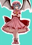  1girl bat_wings blue_hair crossed_arms dress hat mob_cap opagi petticoat pink_dress red_eyes remilia_scarlet ribbon touhou wings 