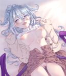  1girl ass_visible_through_thighs blue_eyes blue_hair blush breasts cum cum_in_pussy cum_on_body cum_on_breasts cum_on_eyewear cumdrip dragon_wings elira_pendora elira_pendora_(3rd_costume) fangs glasses hair_between_eyes hair_ornament hairclip head_wings heterochromia highres large_breasts long_hair looking_at_viewer lying navel nijisanji nijisanji_en nipples no_panties on_back open_mouth other5555 pussy sleeves_past_wrists solo sweater uncensored wings 