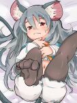  1girl alternate_hairstyle animal_ear_fluff animal_ears bed_sheet black_pantyhose bloomers blush commentary_request from_above grey_hair highres long_hair looking_at_viewer lying midriff mouse_ears mouse_girl mouse_tail navel nazrin on_back on_bed pantyhose solo sweatdrop tail touhou yoshiyuki_(14330975) 