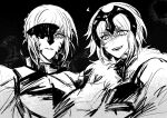  2girls absurdres armor artoria_pendragon_(fate) broken_mask dark_background evil_grin evil_smile fate/grand_order fate_(series) fur_trim greyscale grin headpiece highres jeanne_d&#039;arc_alter_(avenger)_(fate) jeanne_d&#039;arc_alter_(fate) looking_at_viewer mask monochrome multiple_girls parted_lips portrait saber_alter sketch smile yin_(yin_ya) 