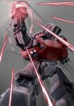  arm_up armored_core armored_core_6 getter_robo glowing glowing_eyes grey_background kin-san_(sasuraiga) mecha mecha_focus no_humans parody red_eyes robot scene_reference science_fiction shoulder_cannon standing 