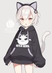  1girl animal_ears artist_name black_hairband black_hoodie blush capriccio cat_ears cat_tail chestnut_mouth clothes_writing commentary_request drawstring fake_animal_ears grey_background grey_hair hair_between_eyes hairband hood hood_down hoodie kaburi_chiko long_sleeves looking_at_viewer open_mouth original paw_hair_ornament pinching_sleeves puffy_long_sleeves puffy_sleeves red_eyes simple_background sleeves_past_wrists solo standing tail 