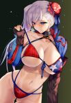 1girl american_flag_bikini asymmetrical_gloves bikini blue_eyes blush breasts brown_gloves bun_cover cleavage closed_mouth collarbone commentary_request elbow_gloves fate/grand_order fate_(series) flag_print gloves grey_hair hair_bun hair_ornament highres large_breasts long_sleeves looking_at_viewer miyamoto_musashi_(fate) miyamoto_musashi_(swimsuit_berserker)_(fate) navel satou_daiji sideboob simple_background single_bare_shoulder single_hair_bun skindentation solo stomach swimsuit underboob uneven_gloves 