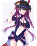  1girl bare_shoulders black_headwear blue_one-piece_swimsuit breasts casual_one-piece_swimsuit cleavage clothing_cutout dress dress_swimsuit expressionless fire_emblem fire_emblem_engage fire_emblem_heroes flower hat highres ivy_(fire_emblem) ivy_(summer)_(fire_emblem) large_breasts long_hair looking_at_viewer mole mole_on_cheek mole_under_mouth navel official_alternate_costume one-piece_swimsuit purple_eyes purple_hair shinae solo stomach stomach_cutout swimsuit 