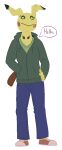 2021 4_fingers aliasing anthro biped black_eyebrows black_eyelashes black_eyes bottomwear brown_tail clothing denim denim_bottomwear denim_clothing dialogue digital_drawing_(artwork) digital_media_(artwork) dipstick_ears eyebrows fake_tail female fingers footwear front_view generation_7_pokemon green_clothing green_hoodie green_shirt green_topwear greeting hand_in_pocket hand_on_hip hoodie jeans mimikyu multicolored_ears neck_eye nintendo pants pockets pokemon pokemon_(species) pokemorph purple_eyes shirt shoes simple_background sneakers solo standing tail tan_sneakers text text_on_clothing text_on_shirt text_on_topwear thatoneaceguy topwear white_background wood wood_tail yellow_text