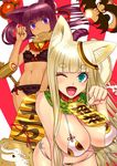 ;p animal_ears bell bikini blonde_hair blue_eyes blush breasts cat_ears cat_tail dark_skin fangs flat_chest frilled_bikini frills front-tie_bikini front-tie_top hair_ornament highres jingle_bell kanji large_breasts long_hair looking_at_viewer midriff morozou multiple_girls navel one_eye_closed open_mouth original paw_pose purple_eyes purple_hair side-tie_bikini swimsuit tail tongue tongue_out 