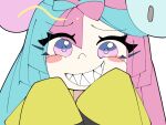  1girl amhimajin3 blue_hair blush_stickers grin highres iono_(pokemon) looking_at_viewer multicolored_hair pink_eyes pink_hair pokemon pokemon_sv sharp_teeth sleeves_past_fingers sleeves_past_wrists smile solo teeth two-tone_hair upper_body 
