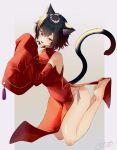  1girl :d animal_ears barefoot black_hair cat_ears cat_girl cat_tail china_dress chinese_clothes chita_(ketchup) commentary_request detached_sleeves dress full_body grey_background hair_between_eyes highres long_sleeves looking_at_viewer original panties red_dress red_eyes red_sleeves short_eyebrows side-tie_panties signature sleeveless sleeveless_dress sleeves_past_fingers sleeves_past_wrists smile tail thick_eyebrows two-tone_background underwear white_panties wide_sleeves 